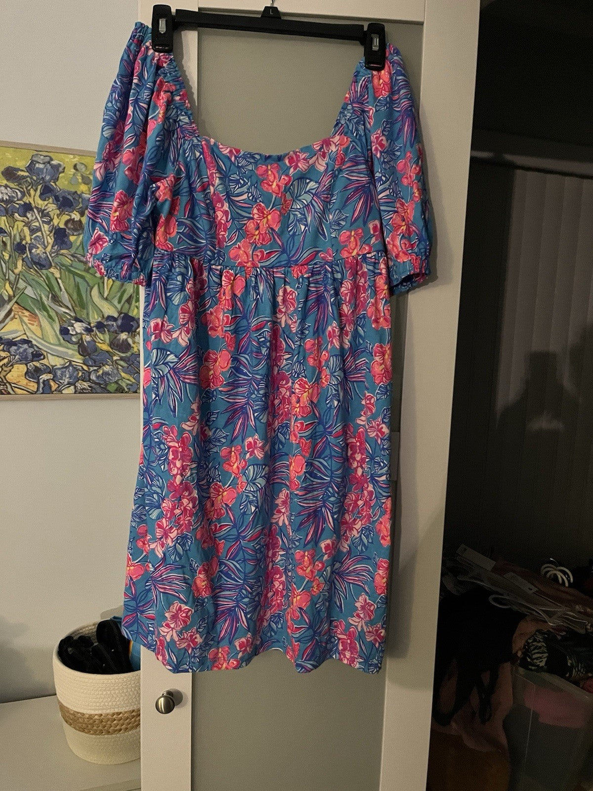 New Lilly Pulitzer Delaney Dress Size 4 Puff Short Sleeve Blue Pink Floral Beach