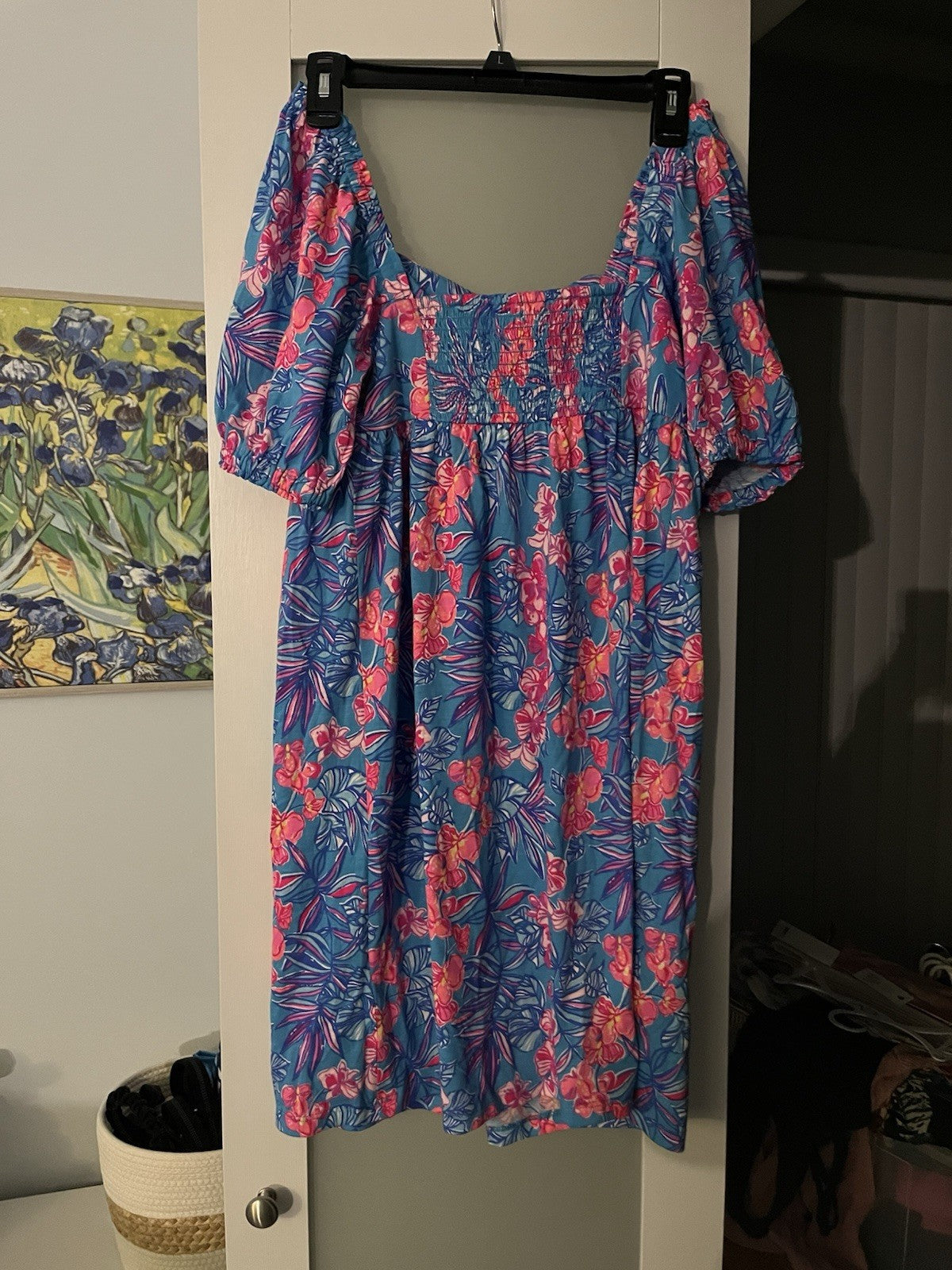 New Lilly Pulitzer Delaney Dress Size 4 Puff Short Sleeve Blue Pink Floral Beach