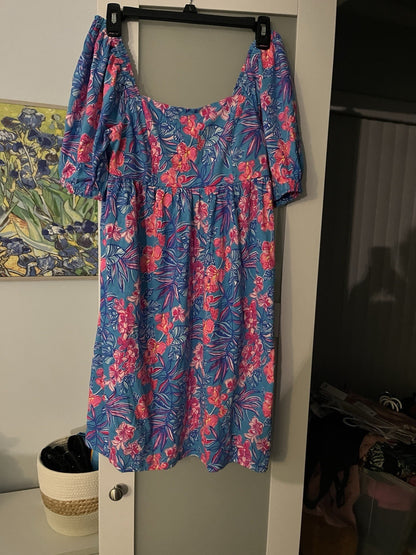 New Lilly Pulitzer Delaney Dress Size 4 Puff Short Sleeve Blue Pink Floral Beach