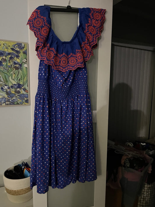 LILLY PULITZER BOREALIS BLUE LILLY SQUARED KALAMA OFF THE SHOULDER DRESS SZ L